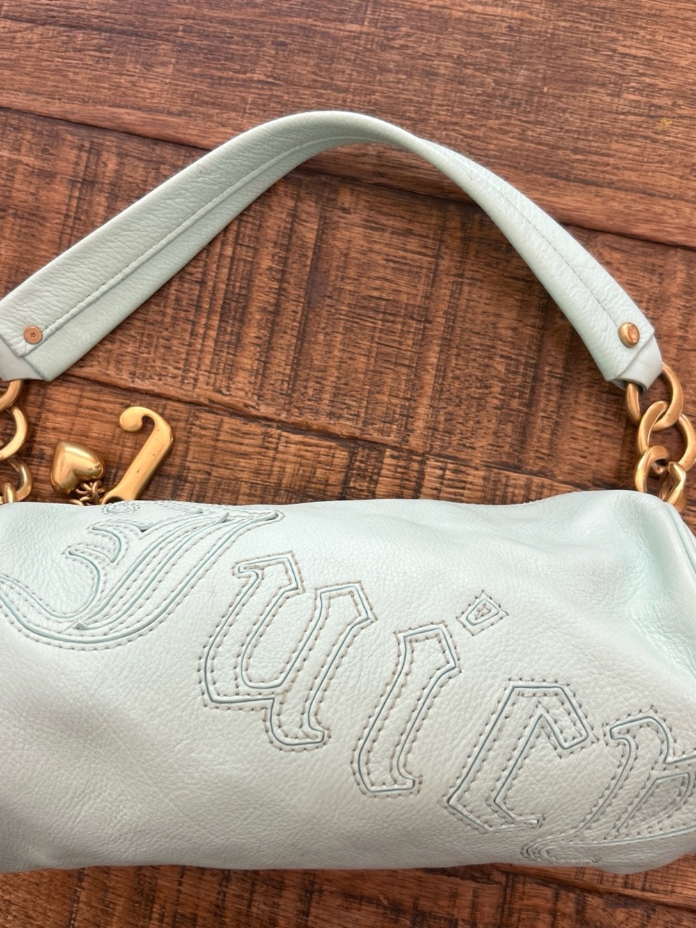 Y2K juicy coture Mint Leather Shoulder Bag with Gold Chain Accents